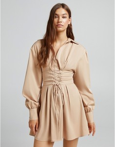 Бежевое платье с корсетной отделкой и шнуровкой Bershka-Светло-бежевый цвет