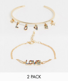 Набор из 2 золотистых браслетов с подвесками "love" из разноцветных стразов ASOS DESIGN-Золотистый