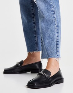 Черные кожаные лоферы с квадратным носком и цепочкой ASOS DESIGN Marcia-Черный цвет