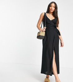 Черное платье макси с запахом из ткани на основе льна ASOS DESIGN Tall-Черный цвет