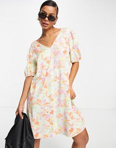 Кремовое платье мини с присборенной юбкой, пышными рукавами и цветочным принтом Pieces-Разноцветный