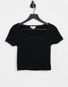 Черная футболка с овальным вырезом и кружевной отделкой Topshop-Черный цвет