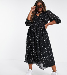 Свободное черно-белое платье миди в горошек с присборенными манжетами ASOS DESIGN Curve-Разноцветный