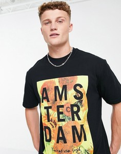 Черная футболка с принтом подсолнуха Topman-Черный цвет