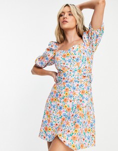 Поплиновое платье мини с запахом и ярким цветочным принтом Topshop-Разноцветный
