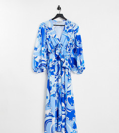 Эксклюзивное ярусное платье макси с оборками, глубоким вырезом и синим принтом завитков Queen Bee-Разноцветный