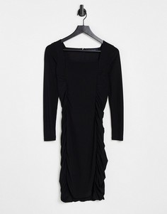 Черное облегающее платье миди со сборками по бокам French Connection-Черный цвет