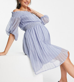 Платье мини в однотонную полоску с открытыми плечами и пышными рукавами на манжете ASOS DESIGN Maternity-Голубой