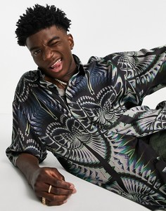 Свободная атласная рубашка в стиле oversized со сплошным сказочным принтом ASOS DESIGN-Черный цвет