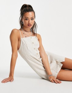 Песочное льняное платье-комбинация мини на пуговицах Topshop-Светло-бежевый цвет