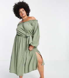 Пляжное платье из жатой ткани цвета хаки с открытыми плечами ASOS DESIGN-Зеленый цвет