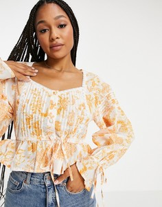 Топ на пуговицах с рукавами со складками и принтом пейсли ASOS DESIGN-Разноцветный