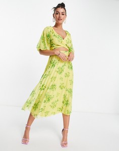 Желтое плиссированное платье миди с цветочным принтом и запахом ASOS DESIGN-Разноцветный
