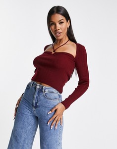 Темно-красный джемпер с завязкой на шее и декоративным кольцом ASOS DESIGN