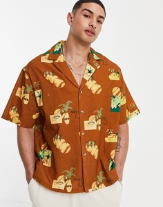 Коричневая oversized-рубашка свободного кроя в клетку с отложным воротником и принтом ASOS DESIGN-Коричневый цвет