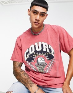 Бордовая oversized-футболка с принтом "Court" на груди Topman-Красный