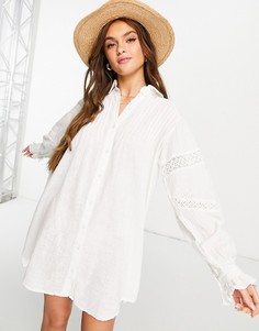 Белое хлопковое платье-рубашка мини с кружевными вставками ASOS DESIGN-Белый