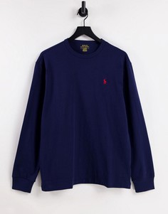Темно-синий плотный лонгслив в классическом стиле oversized с логотипом игрока Polo Ralph Lauren