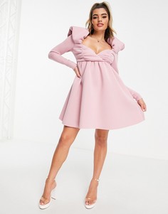 Розовое платье мини с вырезом сердечком, пышными рукавами и короткой расклешенной юбкой ASOS DESIGN-Розовый цвет