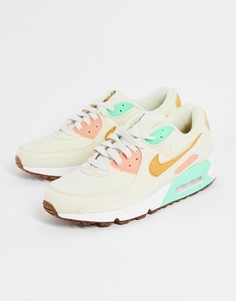 Кремово-белые кроссовки с зеленой отделкой и вышивкой ананаса Nike Air Max 90 LX-Белый