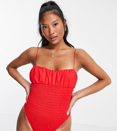 Красный слитный купальник с присборенным дизайном ASOS DESIGN Petite