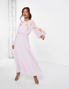 Сиреневое платье миди с плиссированной юбкой, вышивкой и открытой спиной ASOS DESIGN-Фиолетовый цвет
