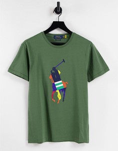 Зеленая футболка с большим разноцветным логотипом игрока поло Polo Ralph Lauren-Зеленый цвет