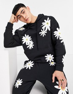 Черный худи в стиле oversized со сплошным принтом маргариток от комплекта ASOS DESIGN-Черный цвет