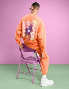 Выбеленный в винтажном стиле оранжевый oversized-свитшот с цветочным принтом на спине от комплекта ASOS DESIGN-Оранжевый цвет