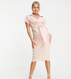 Платье миди с воротником, запахом спереди и декоративным узлом ASOS DESIGN Maternity-Розовый цвет