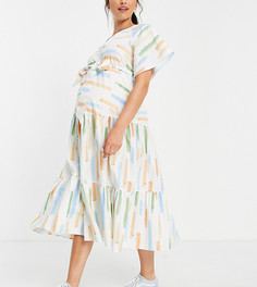 Ярусное платье миди из хлопкового поплина с абстрактным принтом и поясом ASOS DESIGN Maternity-Разноцветный