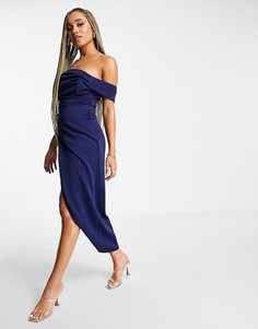 Темно-синее платье макси с открытыми плечами и юбкой с запахом TFNC-Темно-синий