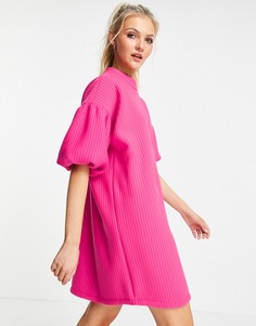 Розовое платье мини в рубчик с высоким воротником и пышными рукавами ASOS DESIGN-Розовый цвет