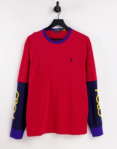 Красный/темно-синий лонгслив с логотипом на рукавах ярусного кроя Polo Ralph Lauren
