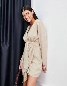 Бежевое платье мини с глубоким вырезом и юбкой с драпировкой ASOS DESIGN-Светло-бежевый цвет