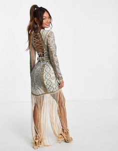 Платье макси с отделкой, бахромой и шнуровкой ASOS DESIGN-Желтый