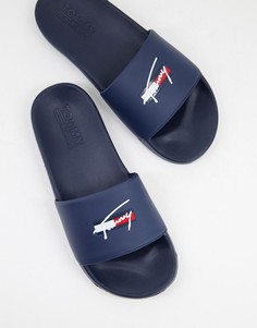 Темно-синие шлепанцы с логотипом-подписью Tommy Jeans-Темно-синий