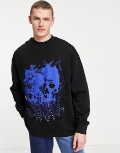 Черный oversized-свитшот с готическим принтом черепов и металлическими заклепками ASOS DESIGN-Черный цвет