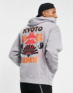 Худи в стиле oversized серого цвета с эффектом кислотной стирки и принтом "Kyoto" на спине ASOS DESIGN-Черный цвет