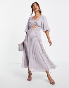 Сиреневое платье миди со складками и кружевными вставками ASOS DESIGN-Фиолетовый цвет