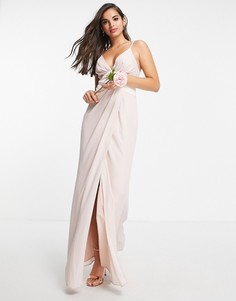 Нежно-розовое платье макси для подружки невесты на бретельках, с атласной кокеткой уголком на талии и пуговицами на спине ASOS DESIGN Bridesmaid-Розовый цвет