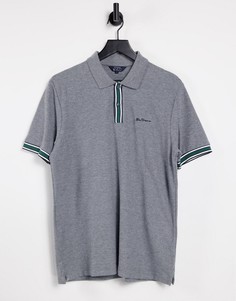 Футболка-поло из пике с отделкой в полоску Ben Sherman-Серый
