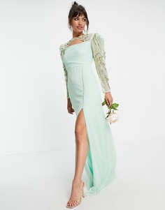 Мятное платье подружки невесты с длинными рукавами Virgos Lounge-Зеленый цвет