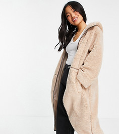 Бежевое флисовое пальто с контрастной строчкой ASOS DESIGN Petite-Белый