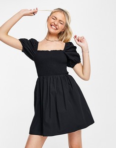 Черное поплиновое платье мини с присборенной отделкой Miss Selfridge-Черный цвет
