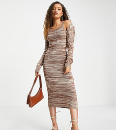 Вязаное платье миди из меланжевой пряжи с накидкой-шрагом ASOS DESIGN Petite-Коричневый цвет