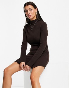Коричневое трикотажное платье мини в рубчик с разрезом ASOS DESIGN-Коричневый цвет