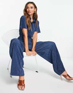 Плиссированный комбинезон цвета индиго с воротником ASOS DESIGN-Голубой