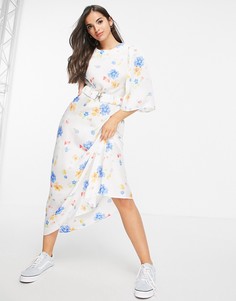 Атласное белое платье миди с поясом, рукавами-кимоно и цветочным принтом ASOS DESIGN-Разноцветный