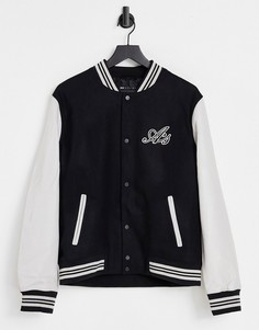 Черная университетская куртка с кожаными рукавами и нашивкой ASOS DESIGN-Черный цвет